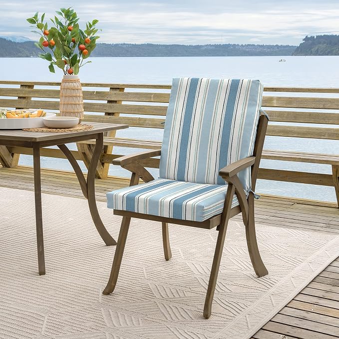 Arden 4-Pack Outdoor Patio Dining Chair Cushion, 20 x 44, Rain-Proof Seat Pad, Fade-Resistant Outdoor Cushion French Blue Linen Stripe