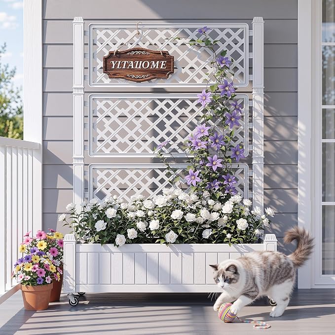 YITAHOME 43.3x17.7x61 in Planter Boxes Outdoor with Trellis, Resin Raised Garden Bed with Wheels & Drain Plug for Climbing Plants, Weather-Resistant Design Elevated Garden Bed with Trellis, White