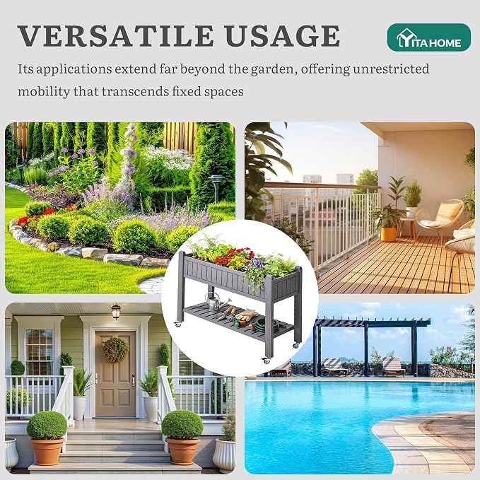 YITAHOME 3.6x1.5x2.8 FT Elevated Garden Bed Kit with Legs and Wheels, Outdoor Large Resin Planter Box Stand with Drain Plug and Storage Shelf for Plants Vegetables Fruits, Light Brown