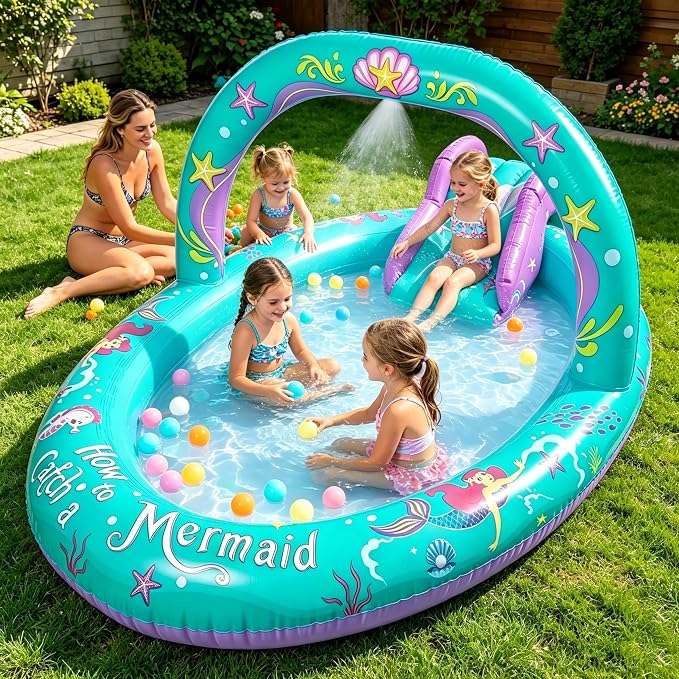 SULIFEEL 2026 Inflatable Mermaid Play Center Kiddie Pool with Slide and Sprinkler for Children, Summer Splashing Baby Pool for Backyard and Garden 96"x59"39"