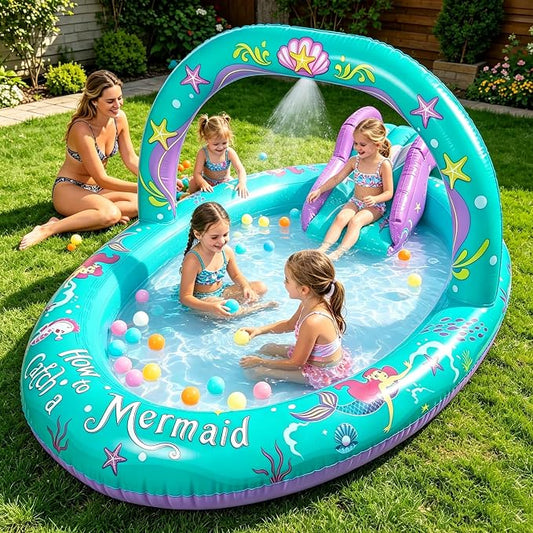 SULIFEEL 2026 Inflatable Mermaid Play Center Kiddie Pool with Slide and Sprinkler for Children, Summer Splashing Baby Pool for Backyard and Garden 96"x59"39"