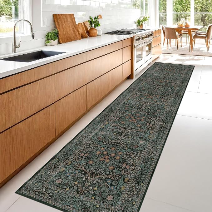 Vintage Washable 2x10 Runner Rug Non Slip for Hallway, Kitchen, Entryway, 10ft Stain Resistant Extra Long Soft Rug Runners, Dark Green Floral Unique Botanical Floor Mat