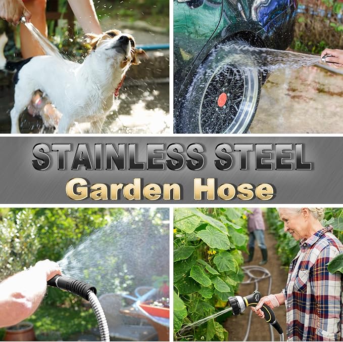 TheFitLife Flexible Metal Garden Water Hose - Upgrade Leak and Fray Resistant Design, Stainless Steel with Solid Fittings and Sprayer Nozzle, Lightweight Kink Free Durable Easy Storage (100 FT)