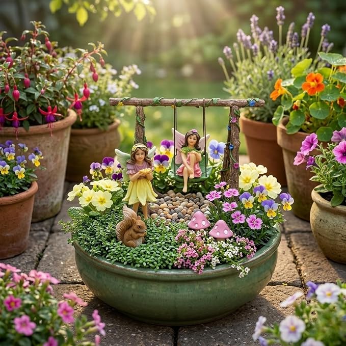 PRETMANNS Fairies for Fairy Garden Outdoor Accessories - Figurines Set with Swing, Squirrel & Mushrooms - Miniature Fairy Garden Kit - Fairy Village Supplies - 6 Piece Resin Fairies | Fairies with Swing Set, Squirrel & Mushrooms, Fairy Figurines, Garde...