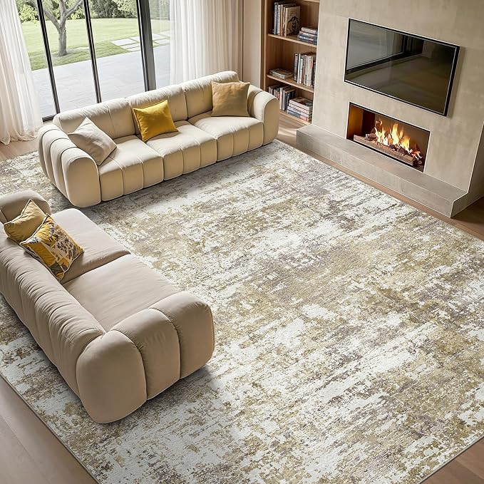 Tortania Area Rug Living Room Rugs - 6x9 Modern Abstract Neutral Large Soft Thin Rugs - Non Slip Indoor Carpet for Bedroom Dining Room Office Nursery Home Floor Decoration - Golden Brown