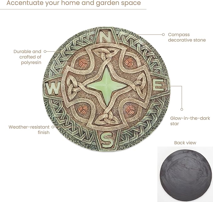 Bits and Pieces - Glow in the Dark Celtic Compass Garden Stone - Irish Garden Decor Yard Art Accent - 10" x 10" Round Durable Polyresin Stepping Pavers for Landscaping and Outdoor Pathways