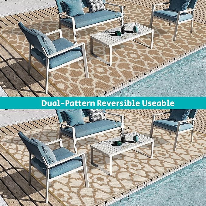 HEBE Outdoor Rug Waterproof 9x12, Reversible Plastic Straw Rug RV Camping Rug, Indoor Outdoor Patio Mat Clearance, Outside Carpet for Porch,Deck,Camper,Balcony,Backyard,Picnic