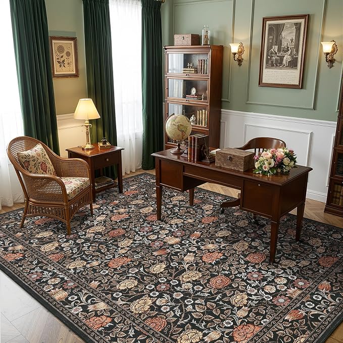 GarveeHome Dark Brown Floral 6x9 Area Rug for Bedroom Living Room | Washable Dinning Room Dorm Office Rug Vintage Boho Rugs Low-Pile Non-Slip Stain Resistant TPE Backing