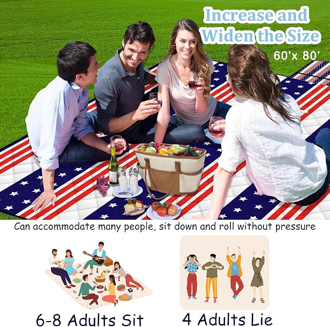 Poedist Extra Large Patriotic Picnic Blanket Waterproof,60"x 80"Foldable Machine Washable Beach Blanket,Outdoor Blanket for 6-8 Adults,Suitable for Indoor Crawling,Park Beach,Camping,Hiking,Travel