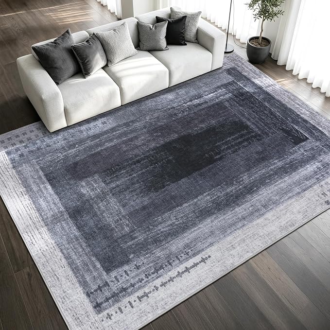 Neutral Geometric Grey 5x8 ft Large Rug for Living Room Bedroom | Contemporary Modern Area Rugs Vintage Washable Soft Faux Wool Low Pile Indoor Carpet for Dining Room Office Home Decor