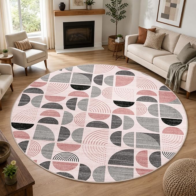 Round Rugs 9ft,Circle Area Rug Washable Non Slip Modern Abstract | Circular Rugs for Living Room Dining Room Large Boho Throw Carpet Soft Low Pile Floor Indoor Bohemian Pink and Grey