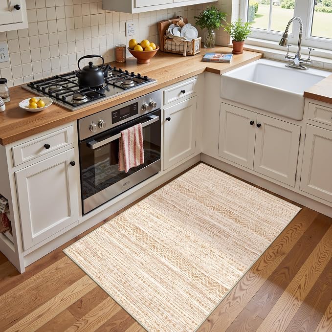 Miukiki 2x3 Entryway Rug Washable Non Slip Moroccan Area Rugs Beige | Soft Low Pile Kitchen Rug for Bedroom Bathroom Floor, Indoor Small Rug Easy Clean Machine Washable Rugs 2'x3'