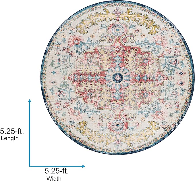 Livabliss Area Rugs - 5ft Round Odelia Vintage Boho Aqua Burgandy Blue Round Area Rug for Living Room Bedroom - Floral Medallion Stain Resistant Carpet for Kitchen, Nursery, Office (5'3" Round)