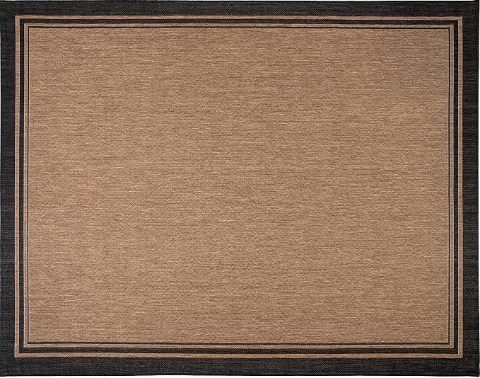 Gertmenian Indoor/Outdoor Flatweave Area Rug - 9x13 Extra Large, Stain & UV Resistant, Ideal For Deck, Patio, Poolside, Mudroom - Simple Border, Black/Tan, 22012