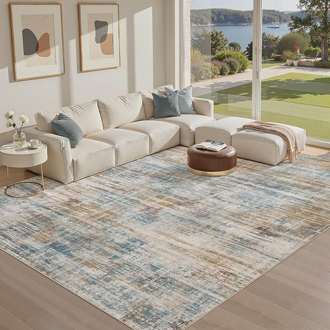 UERMEI 8x10 Area Rug for Living Room Washable Abstract Blue Brown Carpet | Low Pile Non-Slip Soft Neutral Modern Kid Pet Friendly Large Rugs For Bedroom Dining Room Nursery Office Indoor Decor