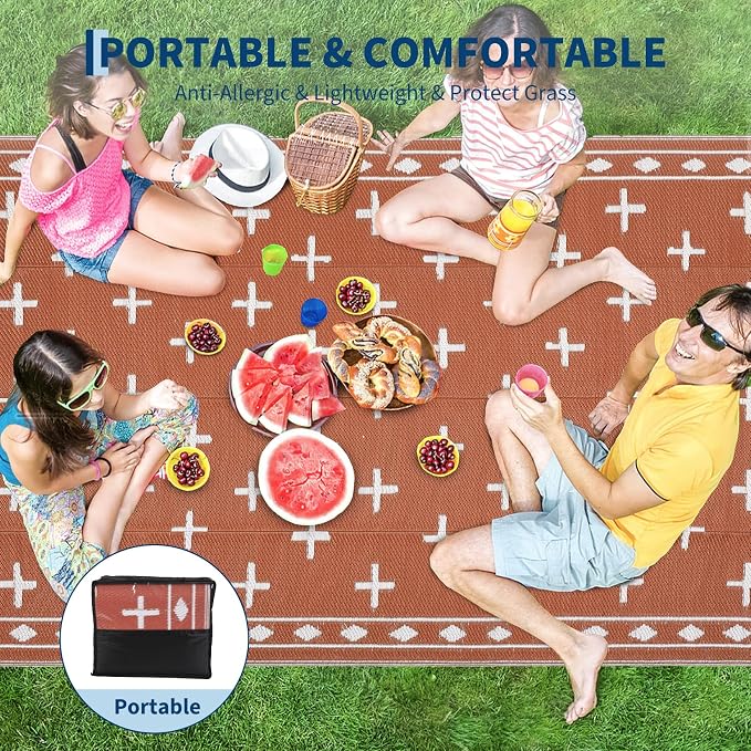 Outdoor Rug 9x12 Modern Area Rugs for Indoor and Outdoor Patios and Porches - Waterproof, Washable, Non-Shedding, Easy-to-Clean Outside Carpet，Orange/White