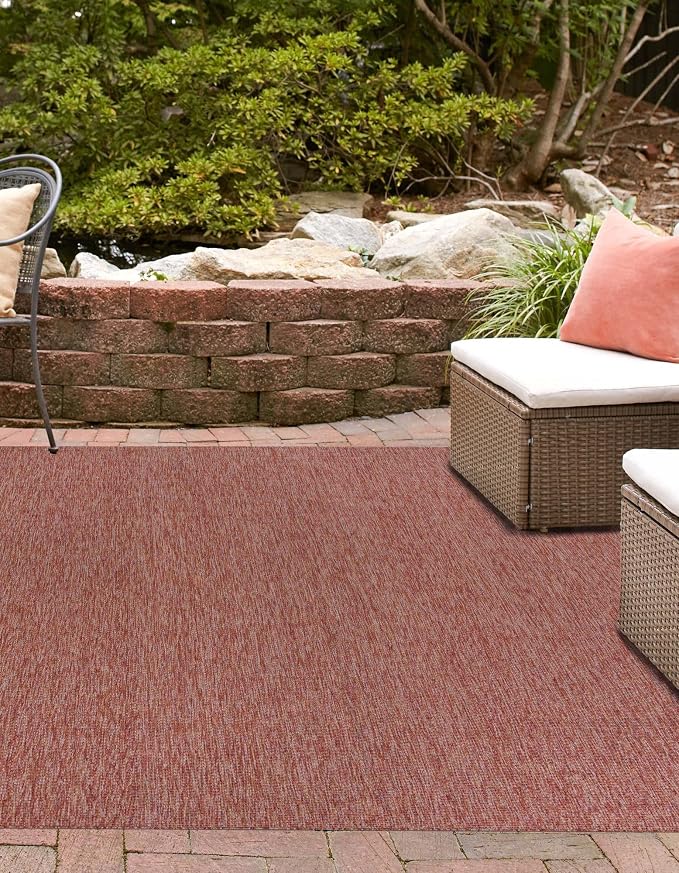 Unique Loom Collection Casual Transitional Solid Heathered Indoor/Outdoor Flatweave Area Rug (10' 8" Square, Rust Red/Beige)