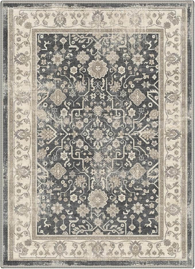 5X7 Area Rug for Living Room, Washable Boho Oriental Floral Non Slip | Easy Care Faux Wool Rug for Bedroom Dining Room, Dusty Charcoal Vintage Floral Rug, Non-Shedding, Vacuum Friendly, Thin