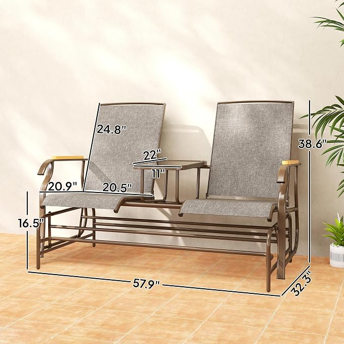 Outsunny 2 Person Outdoor Glider Bench, Patio Swing Glider Chair Loveseat with Breathable Mesh, Table, Steel Frame for Garden, Backyard, Porch, Light Mixed Brown