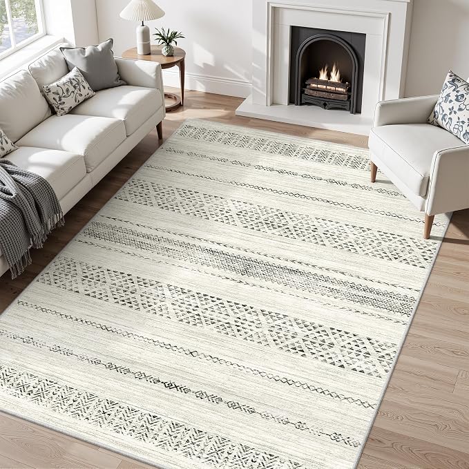 Miukiki 5x7 Washable Area Rug for Living Room, Soft Non Slip Rug Grey | Non-Slip Thin Throw Rug for Bedroom Kitchern Dining Room Office, Low Pile Indoor Floor Carpet with Vintage Pattern 5'x7'