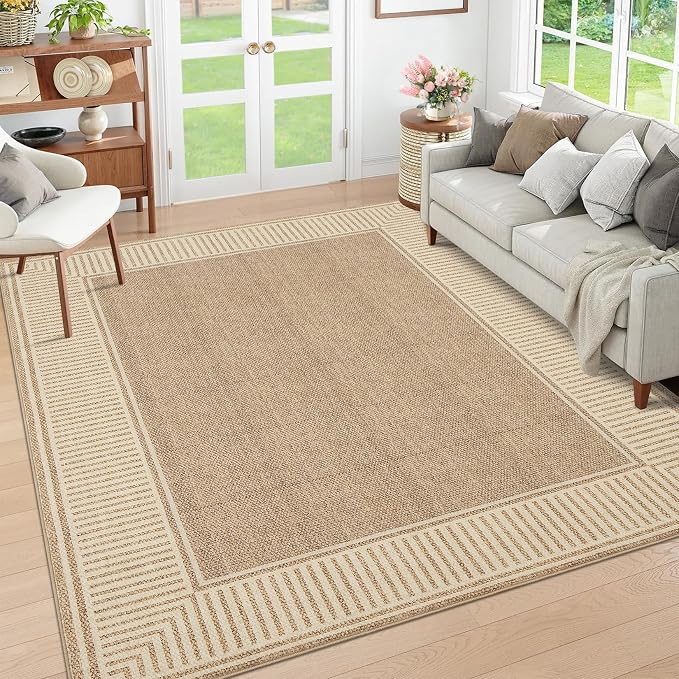GarveeHome 9x12 Area Rug for Living Room Large Washable Bedroom Rug | Low Pile Stain Resistant Dining Room Area Rug with Rubber Backing Modern Bordered Throw Carpet for Home Decor Office, Khaki