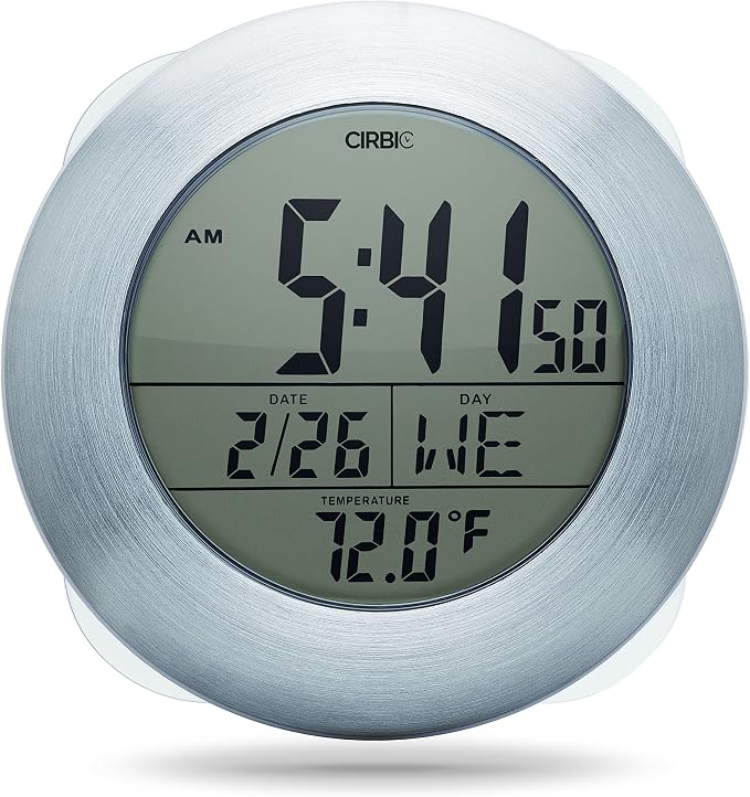 Extra Large Shower Clock with Suction Cups, Date and Temperature, Water Resistant Clock for Bathroom