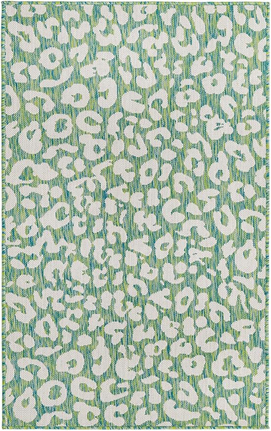Unique Loom Outdoor Safari Collection Area Rug - Leopard (3' x 5' 3" Rectangle, Green Blue/ Ivory)