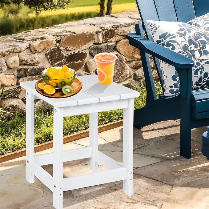 LZRS Patio Side Table, Heavy Duty HDPE Outdoor End Table with Wood Texture, Weatherproof Composite Table for Adirondack Chairs, Deck, Pool, Indoor/Outdoor, No Peeling or Cracking(White)