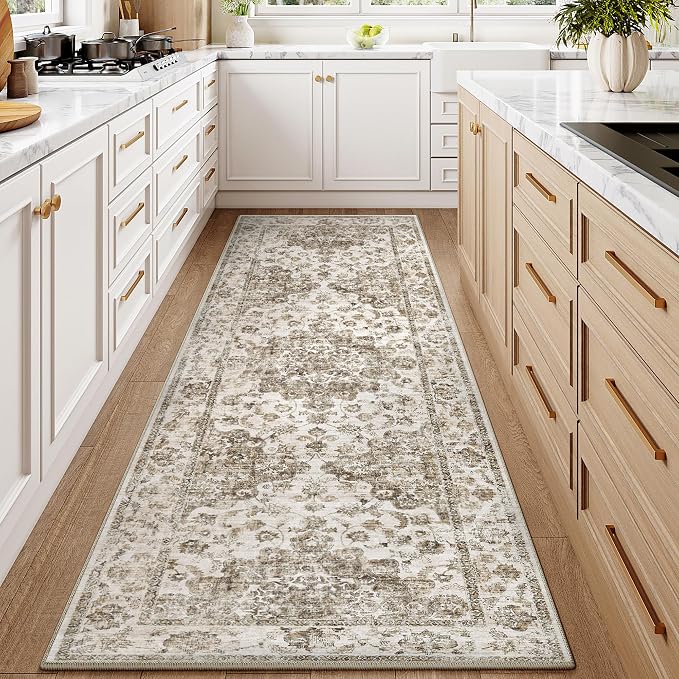 2x6 Brown Neutral Runner Rug | Washable, Non Slip, Soft Low Pile, Vintage Farmhouse, for Hallway Kitchen Laundry Bathroom Bedroom Living Room Home Decor