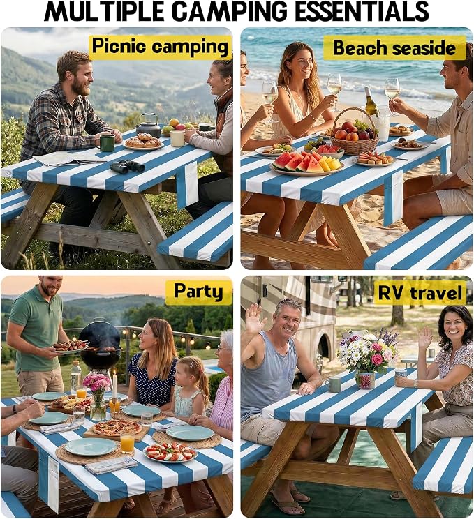 Picnic Table Cover with Bench Covers Tablecloth Fitted Table Cloth Camping Essentials Supplies Rv Travel Must Haves Gear Accessories Outdoor Road Trip Necessities Stuff Gadgets Camper Gadgets Items