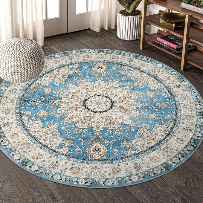 Lahome Felice Oriental Floral Medallion Round Rug - 4Ft Blue Vintage Round Kitchen Area Rug, Soft Non-Slip Washable Coffee Table Mat Indoor Accent Laundry Room Carpet for Classroom Entrance Office