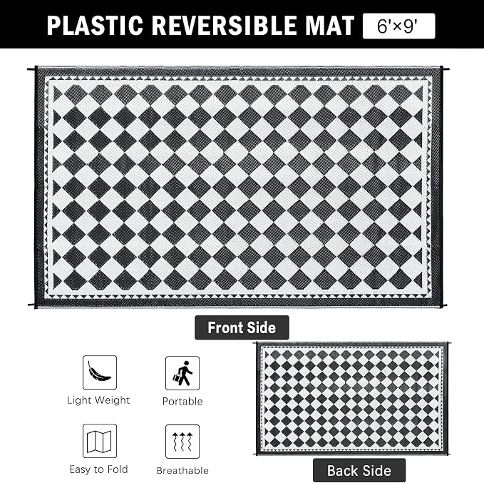 HUGEAR Outdoor Waterproof Rug 6'x9' Plastic Straw Rugs Washable Reversible Floor Mat Black/White Plaid Carpet for Camping RV Deck Entryance Porch Picnic Balcony Beach Backyard