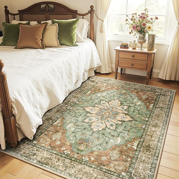 RELEANY Washable Area Rug, 4'x5', Brick/Brown/Green | Non-Slip, Water Repellent, Pet Friendly, Easy to Clean, Vintage Floral Boho Decor for Living Room Bedroom Kitchen Office