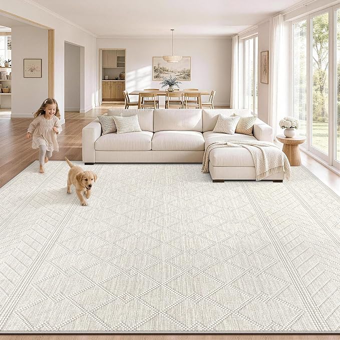 pmtsns Area Rugs 9x12 Washable Rug for Living Room(Taupe, 9'x12') | Modern Geometric Moroccan Large Rugs Non-Slip Soft Stain Resistant Rug Indoor Printed Carpet for Bedroom Dining Room Nursery