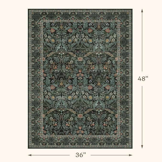 Farmhouse 3x4 Rug for Entryway Indoor, Non Slip Dark Green Washable Kitchen Floor Mats, Low Pile Funky Bedroom Carpet, Dark Academia Rug