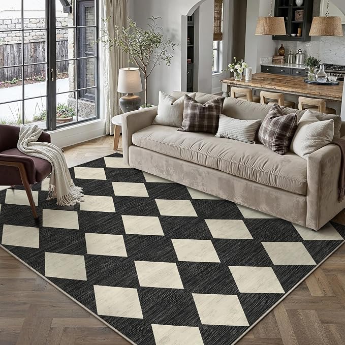 Black 5x7 Washable Area Rug Living Room Non Slip Checkered Carpet | Soft, Low Pile, Easy Clean, Diamond Pattern, for Bedroom, Classroom, Office, Nursery, Dining Room, Modern Indoor Decor