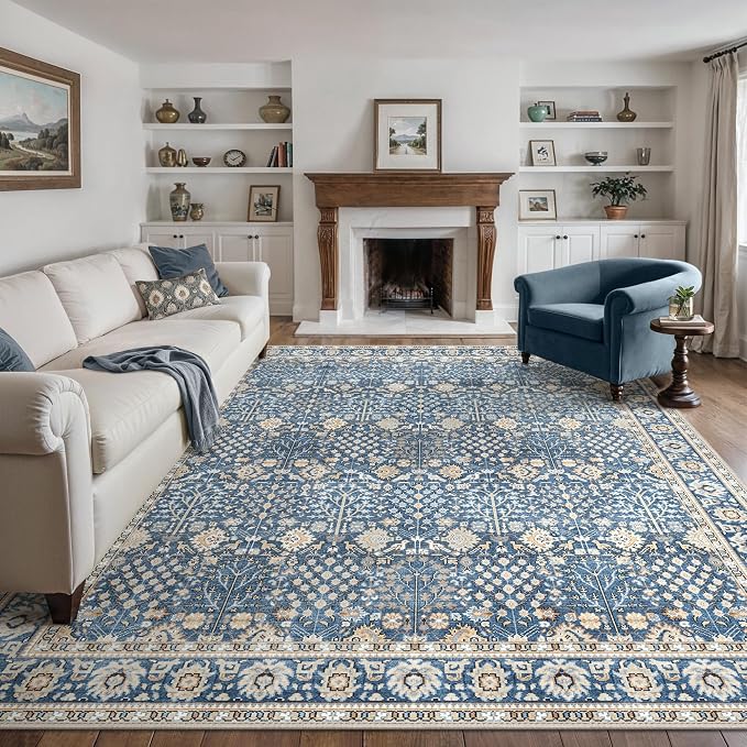 2x10 Kitchen Runner Rug, Washable Non Slip, Lake Blue | Vintage Floral Design, Spill Resistant Lightweight Low Pile Carpet for Hallway, Bedroom, Laundry Room, Bathroom