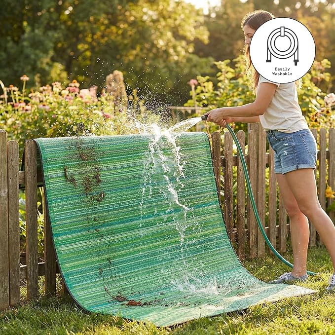 Fab Habitat Striped Outdoor Rug - Waterproof, Fade Resistant, Crease-Free, Reversible - Premium Recycled Plastic - Patio Porch Balcony Deck - Cancun Green - 8x10 ft