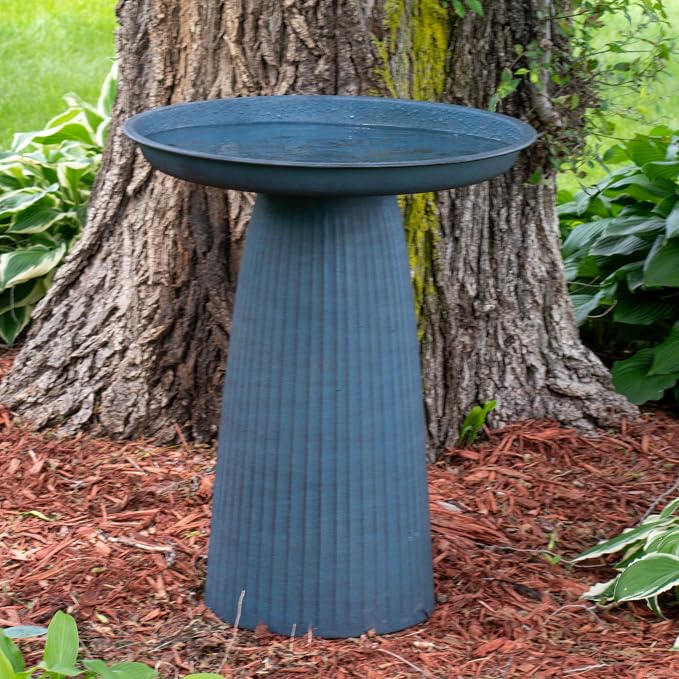 Sunnydaze Gleeful Garden 23" Iron Pedestal Bird Bath for Outside - Modern Shallow Basin Birdbath for Outdoors with UV-Protected Rust-Resistant Finish for Patio, Garden, Yard Decor - Matte Blue