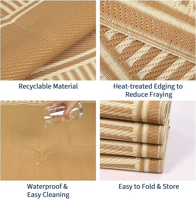 Waterproof Plastic Straw Outdoor Rug 9x18 Patio Reversible UV Resistant Foldable Camping Carpet Modern Striped Large Outdoor Rugs for Deck, Camper, Balcony, Beach，Light Brown/Coffee