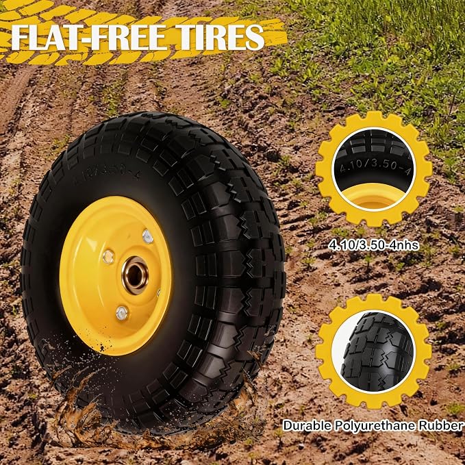 4.10/3.50-4 Tire and Wheel Flat Free, 10" Solid Tire 220LB Capacity Each, with 5/8" Bearings and 2.1" Offset Hub, for G orilla Cart, Garden Cart, Trailer, Dolly, Hand Truck, Wagon, 4 Pack, Yellow