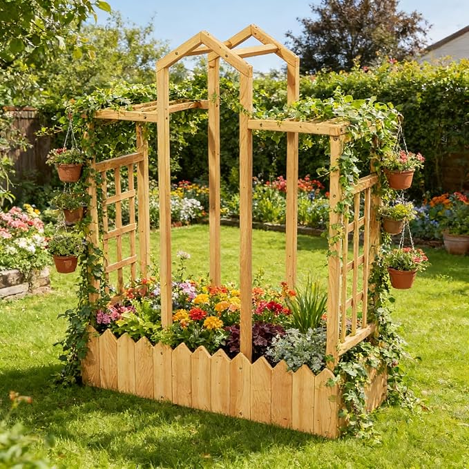 Raised Garden Beds with Arch Trellis Outdoor, Wooden Planter Boxes with Hanging Roof, Side Trellis Patio Wooden Flower Pots for Vines Climbing Vegetables Plants(Wood5)