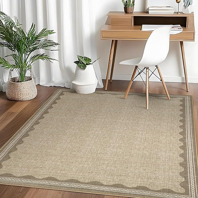 4x6 Scalloped Area Rugs Jute Washable Entryway Bedroom Rug | Solid Tan Rug for Bedroom Girls, Non Slip Throw Carpet With Rubber Back, Soft Dorm Nursery Scalloped Rugs for Dining Room
