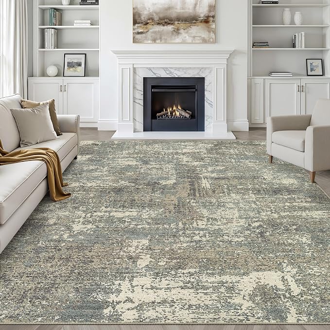 LOONGRUG 9x12 Area Rug Washable Neutral Modern Living Room Rug Green Brown | Abstract Soft Stain Resistant Indoor Non-Slip Carpet for Bedroom Nursery Kids Office Playroom Dining Room