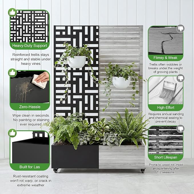 Casaphoria Metal Raised Garden Bed with Trellis and Wheels, 72"x47"x16" Planter Box for Climbing Plants, Vegetables & Vines, Features Drainage Holes and Privacy Screen (Black-Helen)