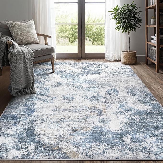 DMOYEST 5x7 Area Rug for Living Room Washable Abstract Indoor Carpet | Neutral Modern Low Pile Rugs Kid & Pet Friendly Soft Thin Carpet for Bedroom Dining Room and Office - Blue