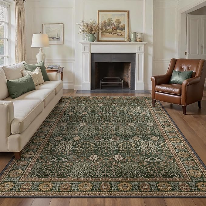 6x9 Washable Area Rug for Living Room, Non Slip, Dark Green Brown | Vintage Floral, Spill Resistant, Lightweight Ultra-Thin Carpet for Bedroom, Dining Room and Office