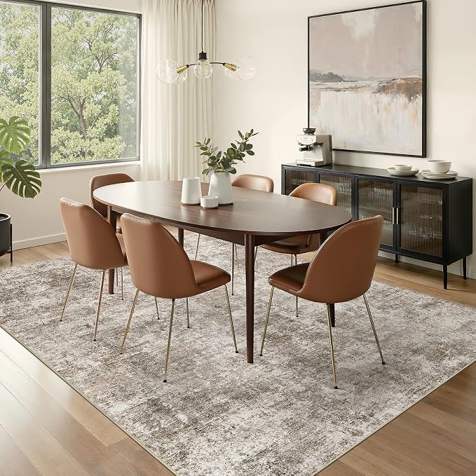 Nakagishi 8X10 Abstract Washable Area Rugs for Living Room-Brown | Modern Non-Slip Silicone Backing Low Pile Soft Carpet for Bedroom Dining Decor Ideal for Families with Kids and Pets