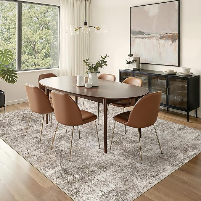 Nakagishi 9X12 Abstract Washable Area Rugs for Living Room-Brown | Modern Non-Slip Silicone Backing Low Pile Soft Carpet for Bedroom Dining Decor Ideal for Families with Kids and Pets