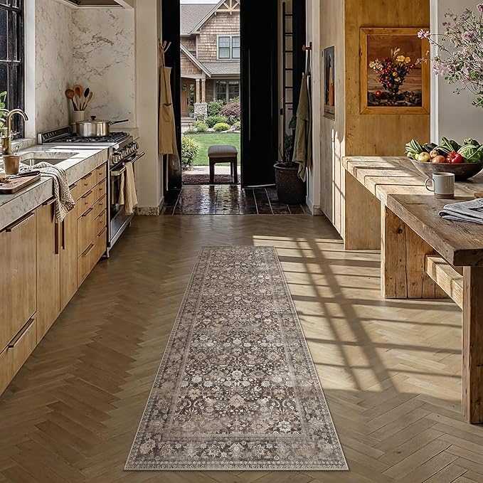 HUGEAR 2x6 Runner Rug Machine Washable Coffee Brown Hallway Area Rugs Indoor Accent Rugs Floral Low Pile Carpet Distressed Throw Rug Bedroom Living Room Office Dining Kitchen Laundry Non Slip